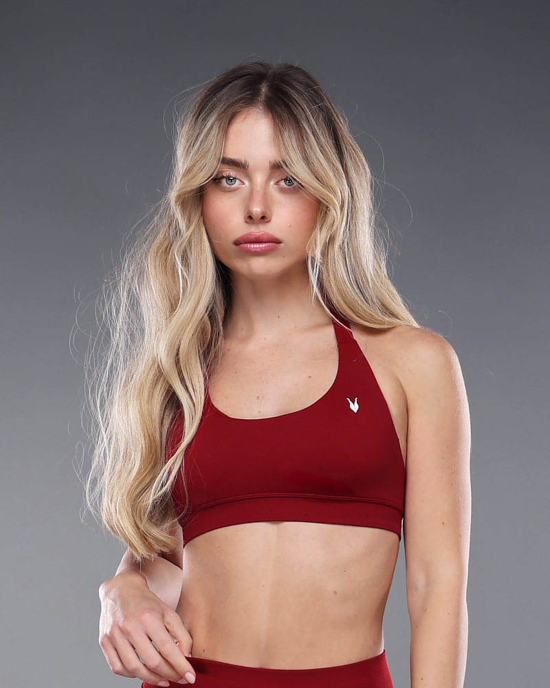 טופ ספורט AURA WINE אדום לנשים מבד seamless, גזרה נשית מחטבת, תמיכה גבוהה, מושלם לאימוני כושר, יוגה ופילאטיס – אינר דרגון