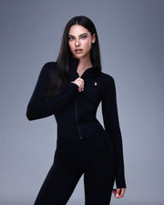 ג׳קט ספורט שחור לנשים של אינר דרגון, גזרה מחטבת עם רוכסן קדמי, מתאים לאימון וללבישה יומיומית