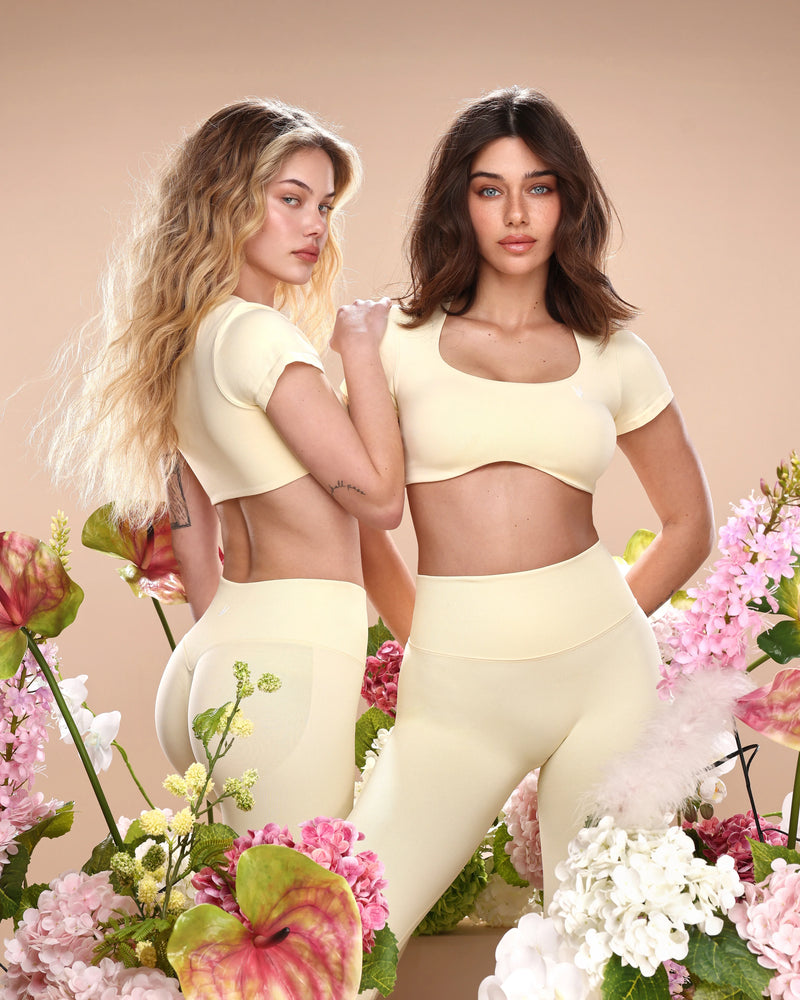 טייץ מחטב בגזרה גבוהה בצבע צהוב חמאה מבד seamless איכותי, מתאים לאימוני כושר, יוגה וליום יום, inner dragon